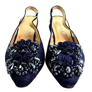 Whittall & Shon Navy Blue Ruched Velvet Embellished Slingback Heels Size 10